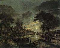 Aert van der Neer Canal landscape by night