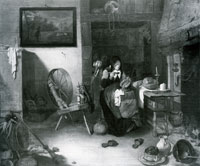 Quiringh van Brekelenkam Old Woman with a Spinning Wheel Eating Porridge
