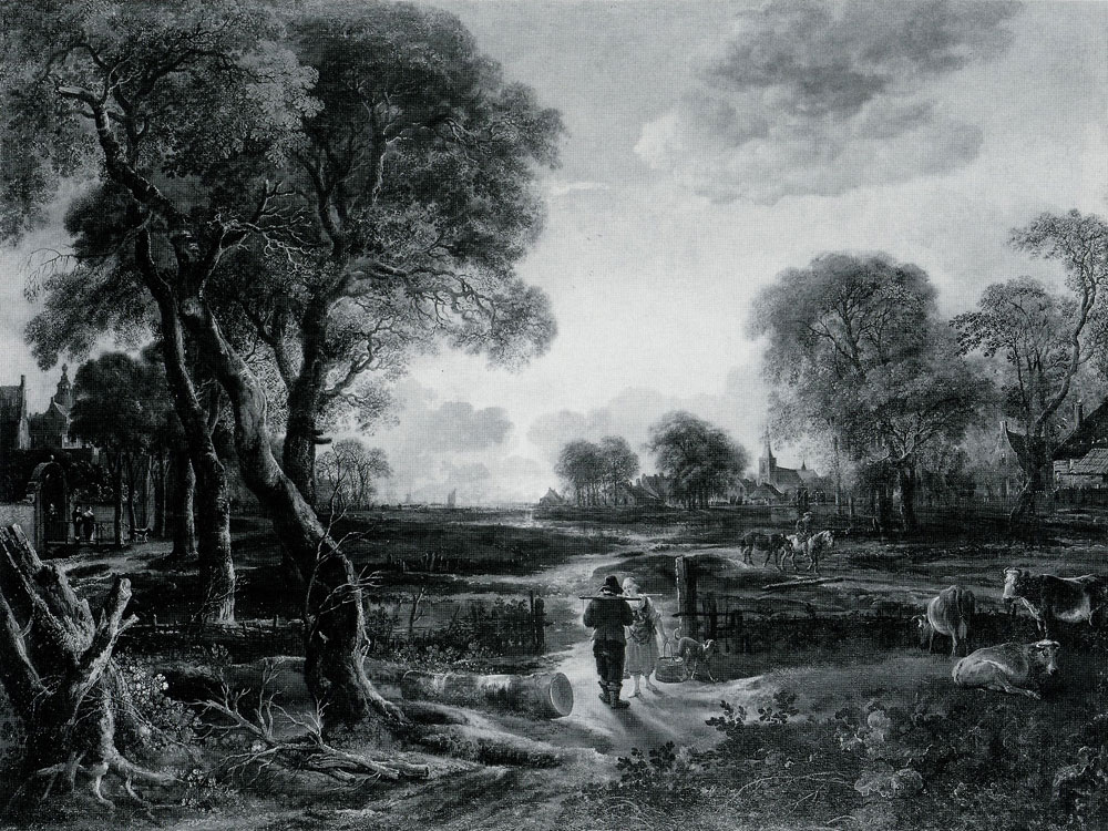 Aert van der Neer - An Evening View near a Village, with a Man an a Milkmaid