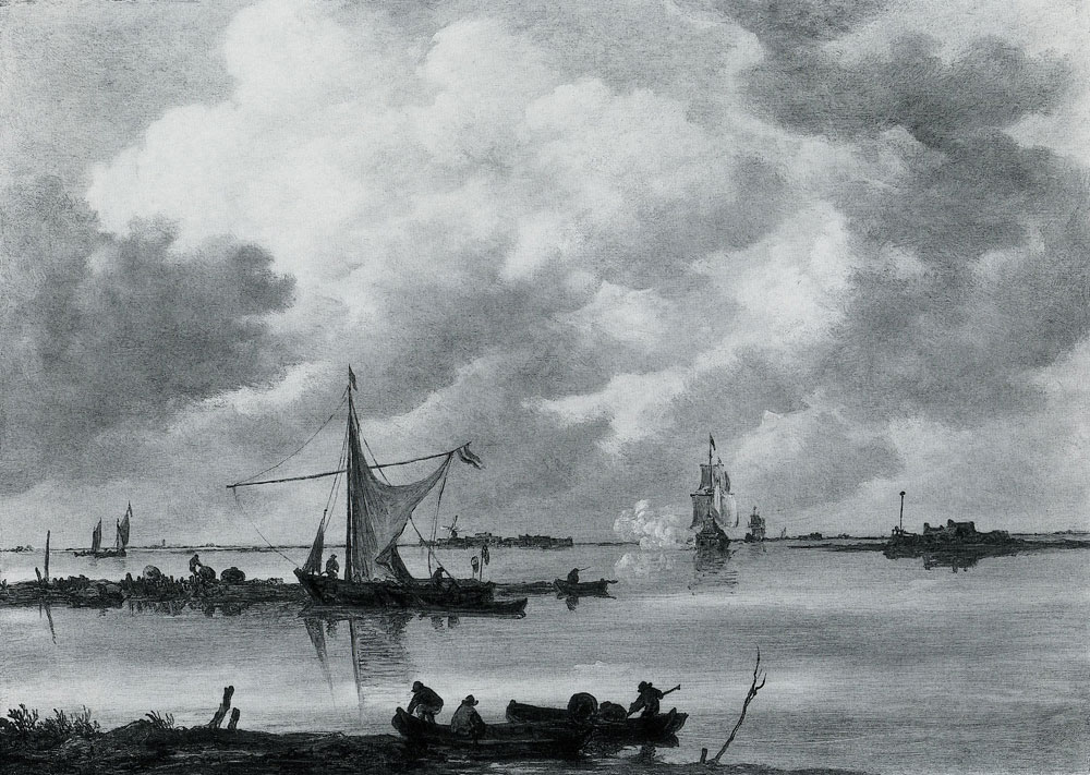 Jan van Goyen - An Estuary with Fishing Boats and Two Frigates