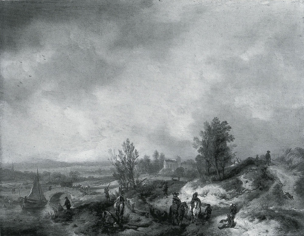 Philips Wouwermans - A Dune Landscape with a River and Many Figures