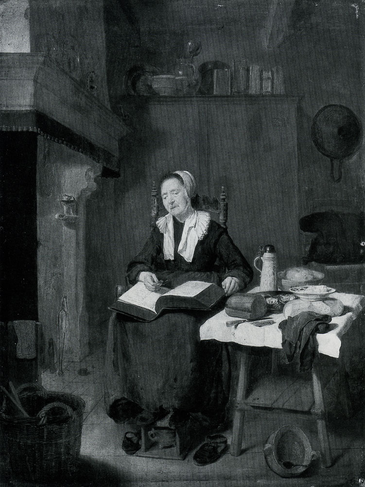 Quiringh van Brekelenkam - A Woman Asleep by a Fire, an Open Bible in her Lap