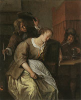 Jan Steen A Man blowing Smoke at a Drunken Woman, and Another Man with a Wine-pot