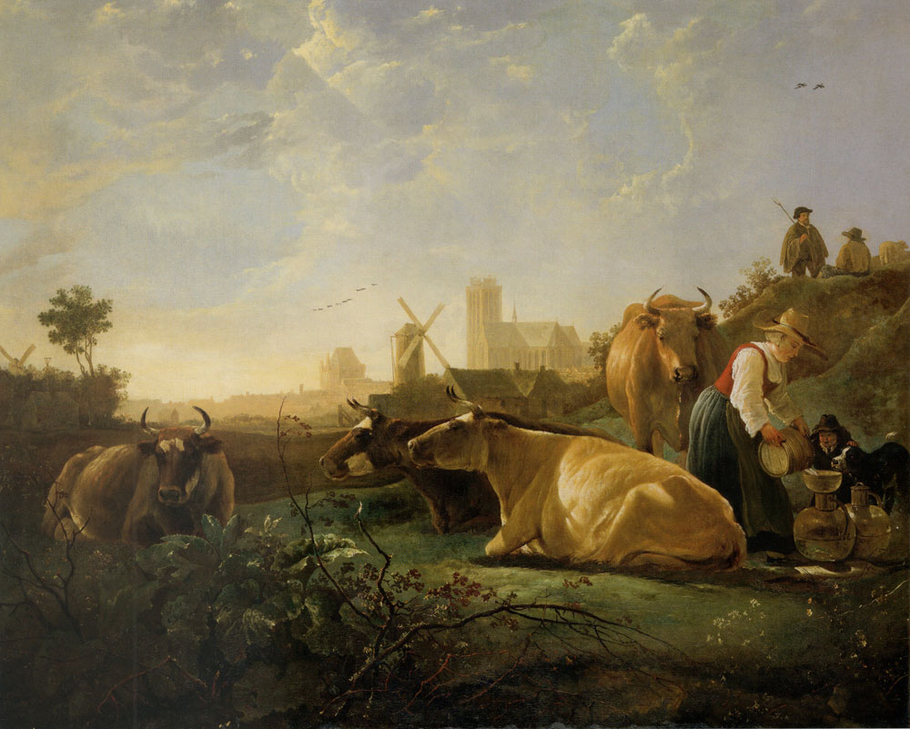 Aelbert Cuyp - A Distant View of Dordrecht, with a Milkmaid and Four Cows, and Other Figures