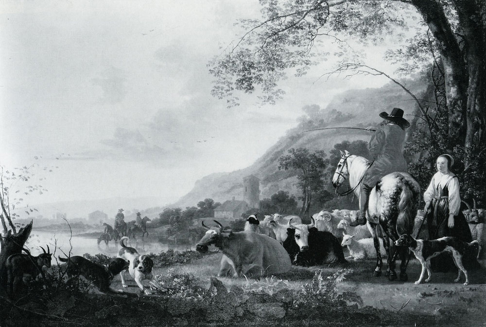 Aelbert Cuyp - A Hilly River Landscape with a Horseman talking to a Shepherdess