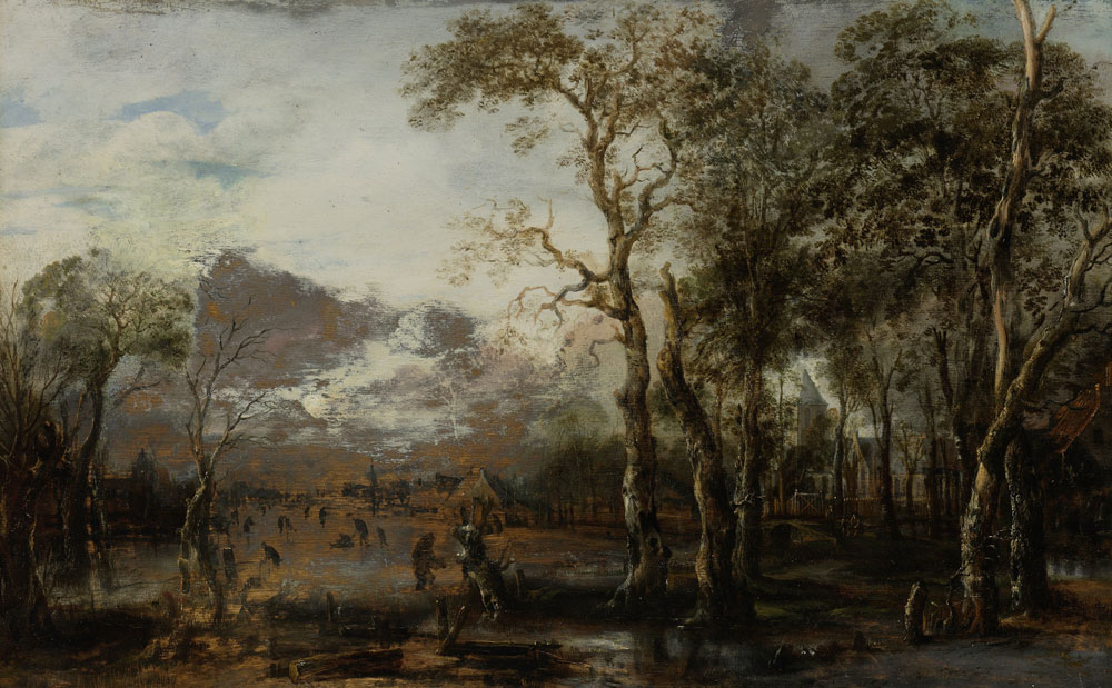 Aert van der Neer - Pond, Surrounded by Trees, in the Evening, with a View on a Village Church to the Right