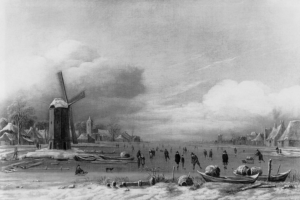 Aert van der Neer - Windmill on a Wide Frozen River with Numerous Figures