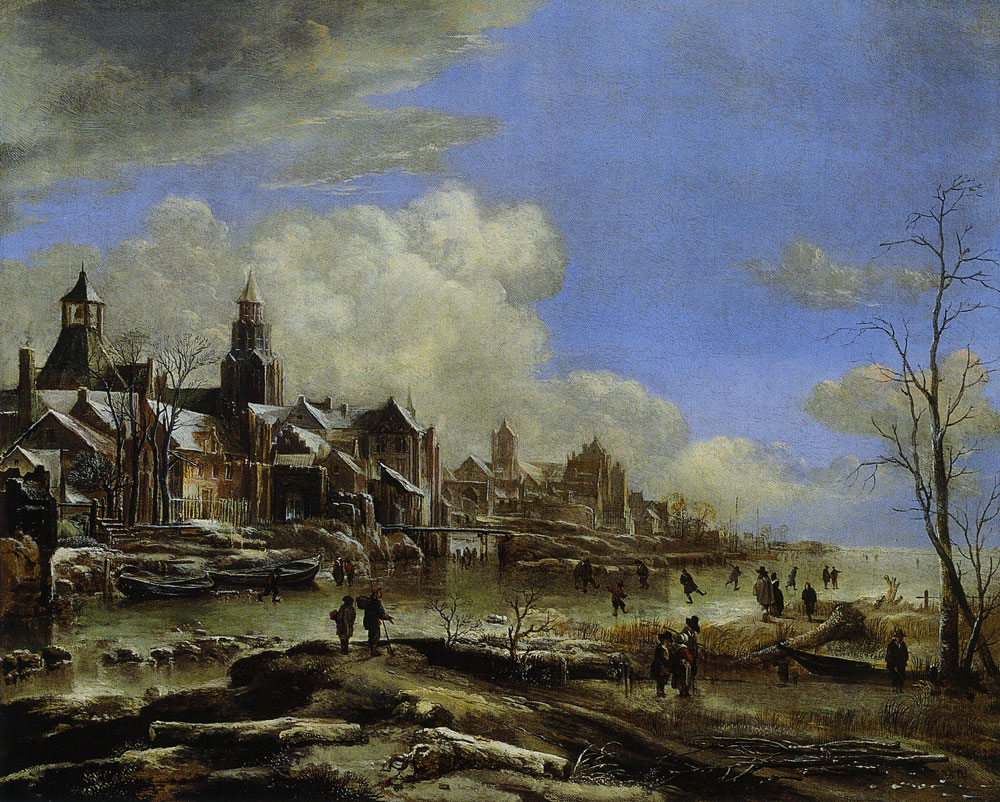 Aert van der Neer - Winter Scene on a Frozen River before a Town