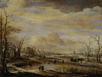 Aert van der Neer Frozen River Landscape with a Wooden Bridge and a Horse Sledge