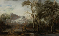 Aert van der Neer Pond, Surrounded by Trees, in the Evening, with a View on a Village Church to the Right