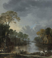 Aert van der Neer Scene at Dusk with a Horseman Pulling a Boat Along a Canal