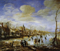 Aert van der Neer Winter Landscape with Skaters on a Frozen Stretch of Water