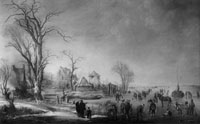 Aert van der Neer Winter Scene with City Dwellers near a Village on a Stretch of Frozen Water to the Right