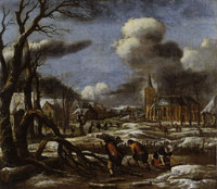 Aert van der Neer Winter Landscape with Three Figures Gathering Wood