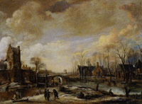 Aert van der Neer Winter Scene with a Frozen Moat near City Walls and a Tower