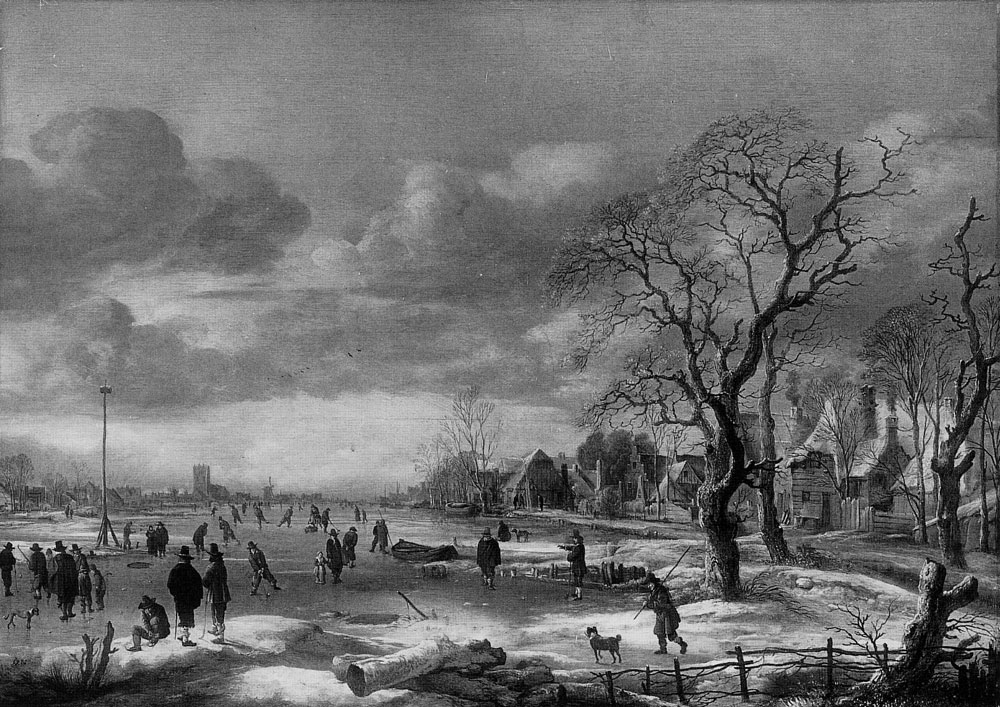 Aert van der Neer - Wide Frozen River Landscape with a Village to the Right
