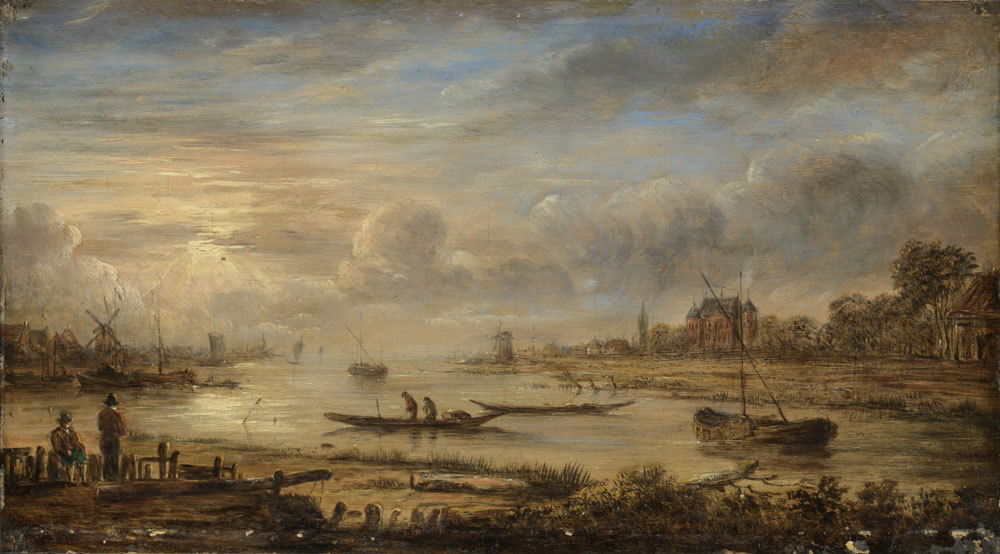 Manner of Aert van der Neer - Wide River Landscape with a Strip of Land in the Foreground
