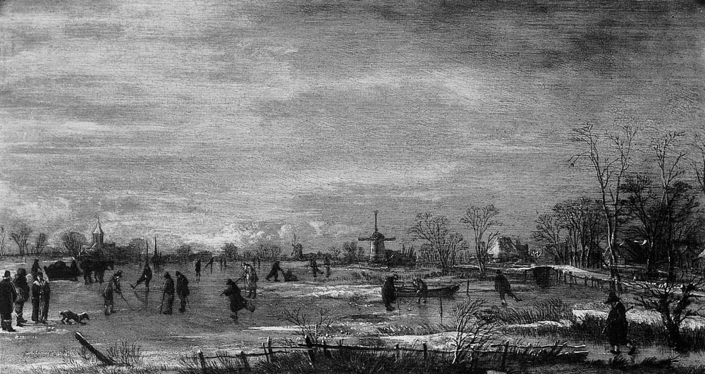 Aert van der Neer - Winter Scene on a Frozen Water near a Village to the Right