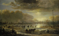 Aert van der Neer Wide Winter Landscape with Sunlight Bursting Through the Clouds