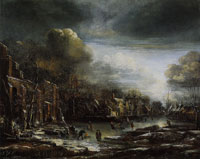 Aert van der Neer Winter Scene in the Evening near a Village with a Ruin to the Left
