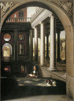 Samuel van Hoogstraten Perspective View of a Courtyard with a Young Man Reading