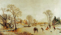 Aert van der Neer Skaters on a Frozen Canal by a Village