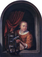 Gerard Dou Young Woman in a Niche with a Parrot and Cage