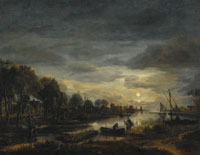 Aert van der Neer River Landscape by Moonlight