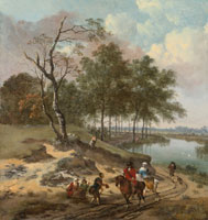 Jan Wijnants and Johannes Lingelbach River Landscape with Elegant Travellers