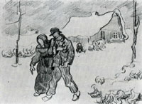 Vincent van Gogh Couple Walking in Front of Snow-Covered Cottage