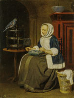 Gabriel Metsu Woman Sewing with a Parrot