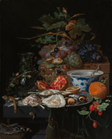 Abraham Mignon Still Life with Fruit, Oysters, and a Porcelain Bowl