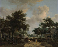 Meindert Hobbema Wooded Landscape with Merrymakers in a Cart