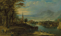 Francesco Guardi A mountainous river landscape with boaters, fishermen and a fortune teller