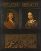 Pieter Cornelisz. van Slingelandt Portraits of a Man and a Woman framed with two ornamental frieze miniatures with shell motif and a Triumph of Amphitrite