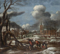 Aert van der Neer A winter landscape with figures in the foreground collecting wood