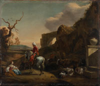 Jan Baptist Weenix An Italianate landscape with a Moorish rider conversing with a shepherdess resting on the roadside, a ruined Roman aqueduct beyond