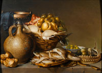 Harmen van Steenwyck An earthenware bellarmine with a basket of dead ducks