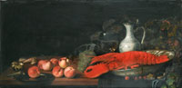 Abraham Pietersz. van Calraet Shells and peaches on a draped table