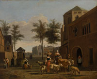 Gerrit Adriaensz. Berckheyde View of a Town with Figures, Goats, and Wagon before a Church
