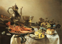 Pieter Claesz. Set table with lobster, silver jug, large birch bowl, fruit bowl, violin and books