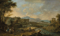 Francesco Guardi A mountainous river landscape with a hunting party