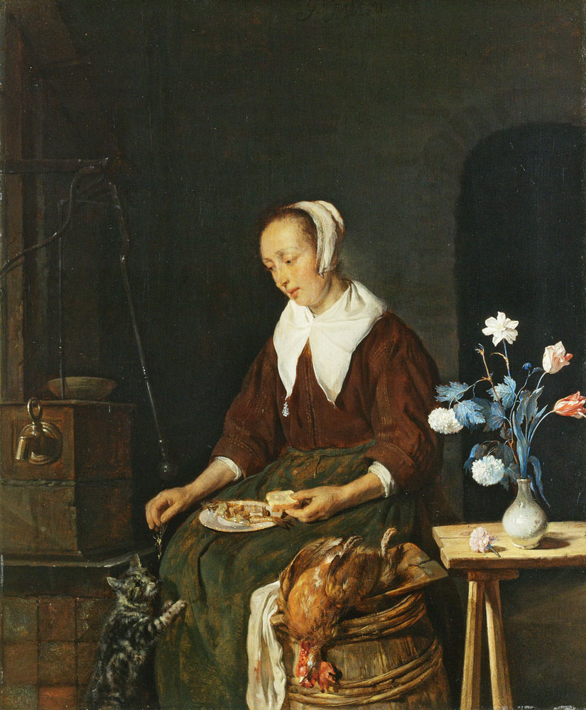 Gabriel Metsu - A Woman Giving Fish Bones to a Cat (The Cat's Breakfast)