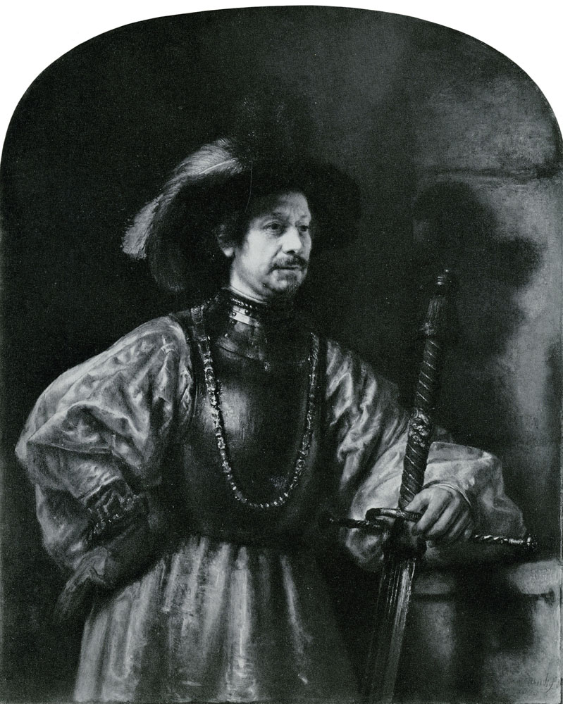 Formerly attributed to Rembrandt - A Man in Fanciful Costume Holding a Large Sword