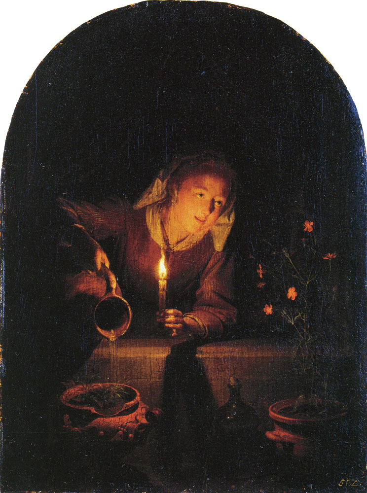 Gerard Dou - A Young Woman Watering Plants