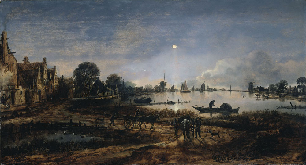 Aert van der Neer - River view by moonlight