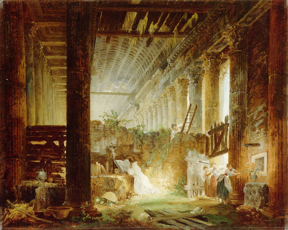 Hubert Robert - Hermit praying in a ruinous gallery