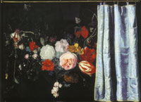 Frans van Mieris the Elder with Adriaen van der Spelt Trompe l'oeil with a garland of flowers and a curtain