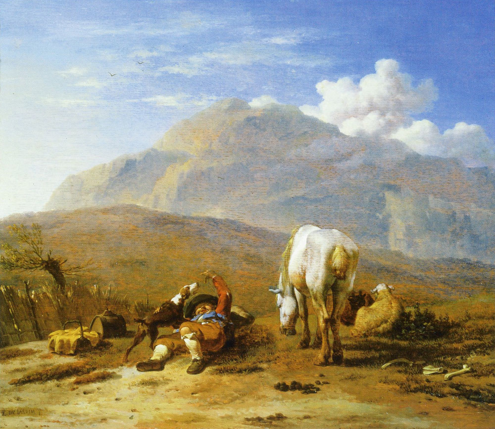 Karel du Jardin - Italian landscape with a young shepherd playing with his dog