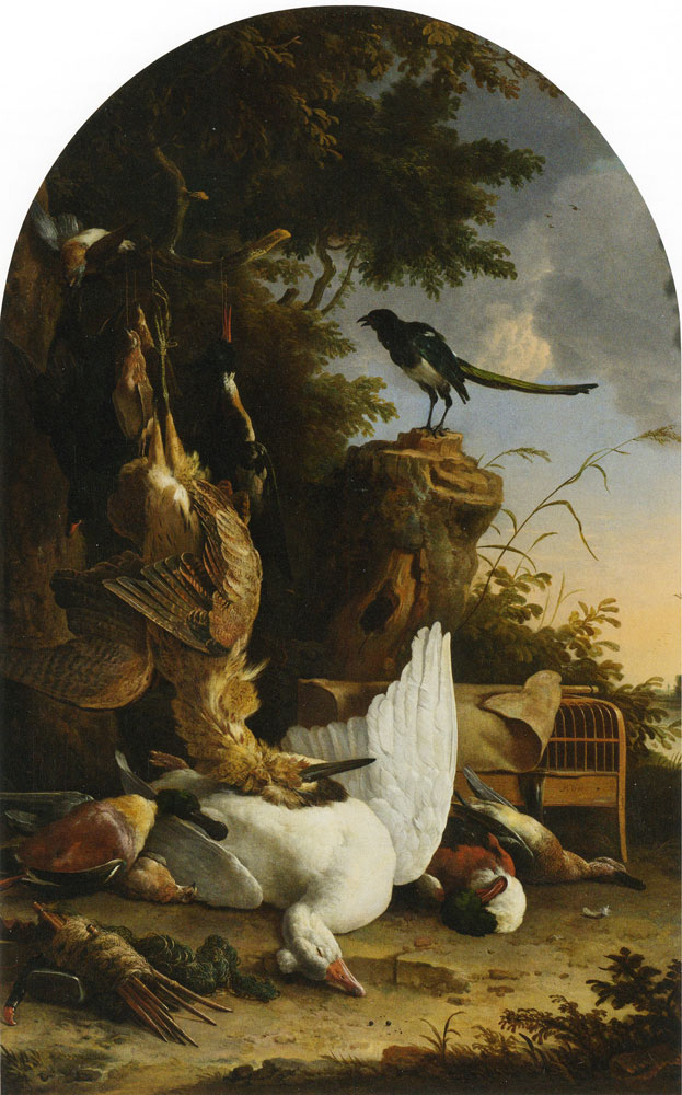 Melchior d'Hondecoeter - A hunter's bag near a tree stump with a magpie